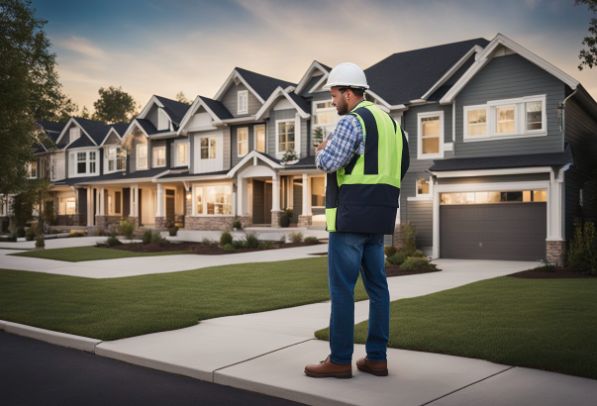 A home builder stands in front of a row of houses, examining blueprints and materials. A sign reads "Choose the Right Home Builder" with a checklist of qualifications listed below