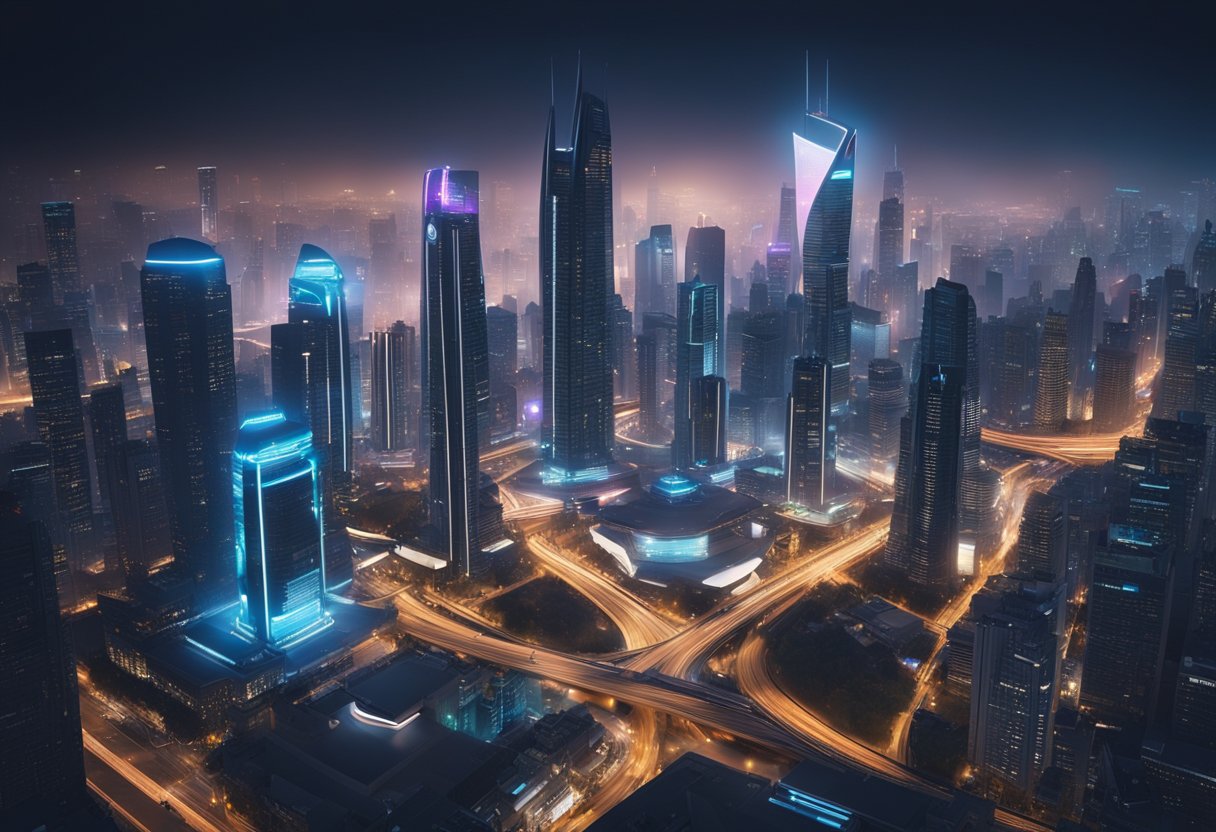 A futuristic cityscape with neon lights, towering skyscrapers, and bustling streets filled with sleek, high-tech vehicles