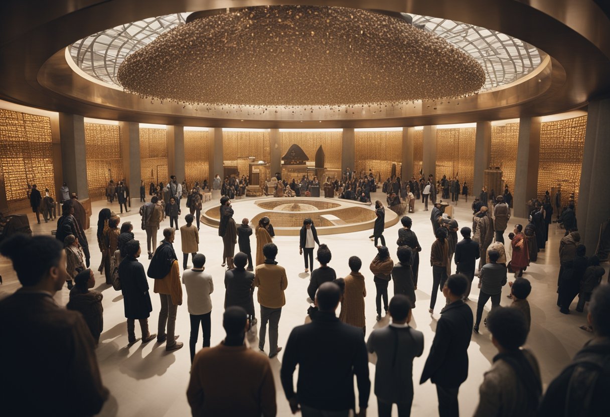 A diverse group of people gather around a central hub, each representing a different culture. The hub is adorned with symbols and artifacts from various traditions, showcasing the evolution of cultural impact