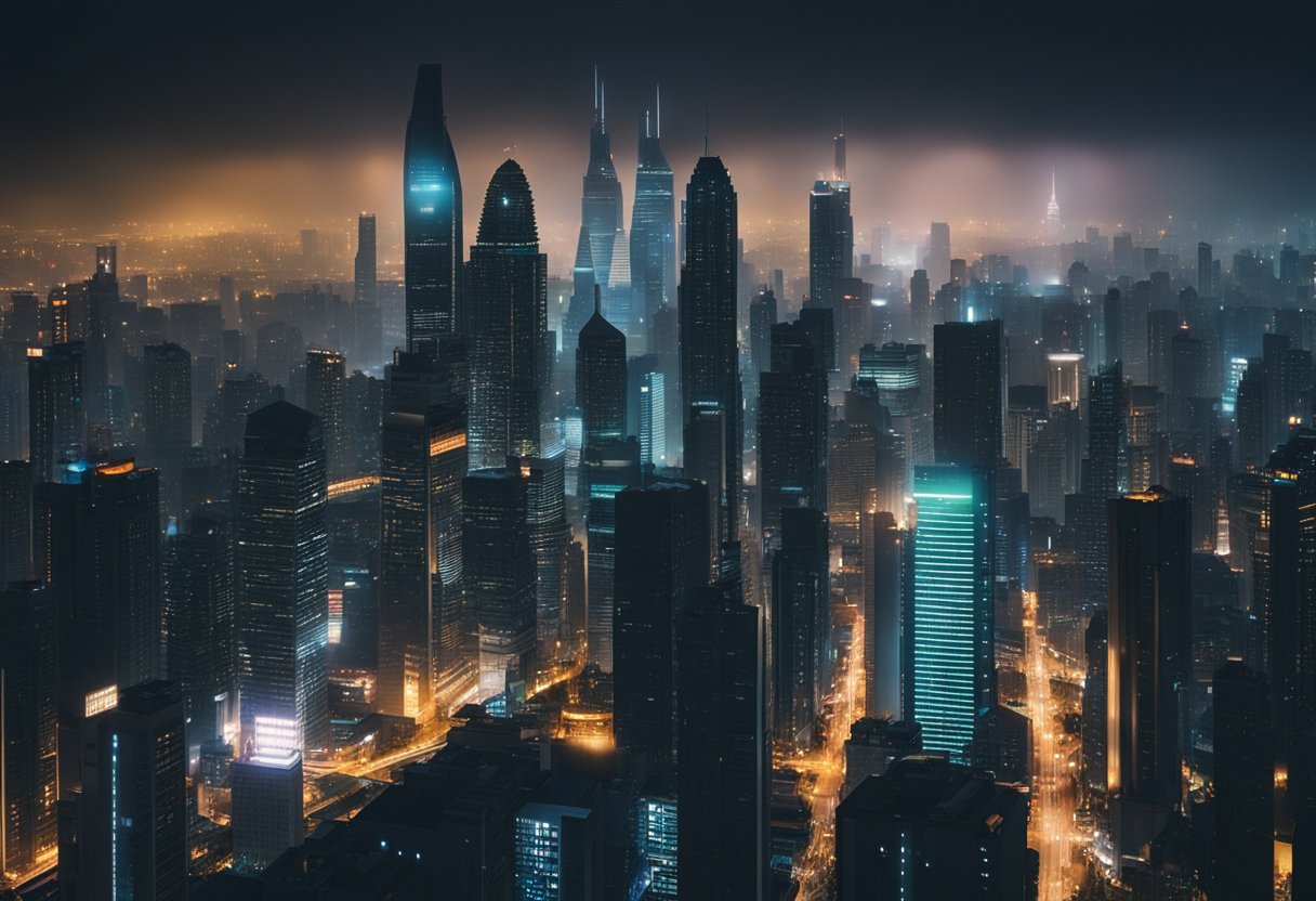 An ominous, futuristic cityscape with towering skyscrapers, neon lights, and a dark, foreboding sky. The buildings are sleek and angular, with a sense of oppression and control