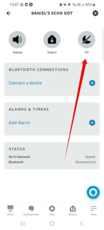 Alexa app with the "Do Not Disturb" button greyed out.