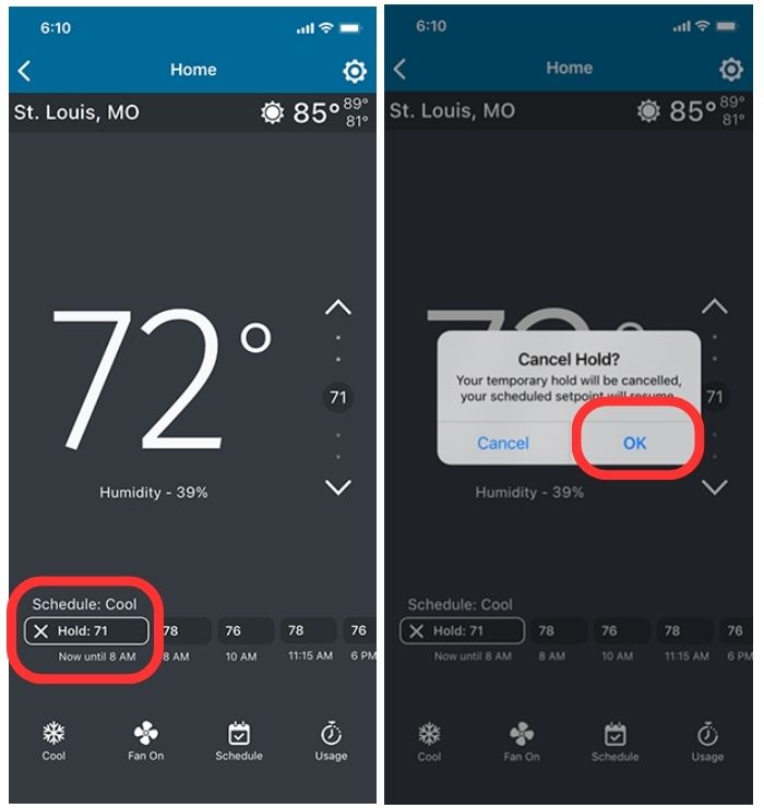 Sensi app cancel hold