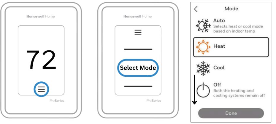 Honeywell Home app showing the changing of modes