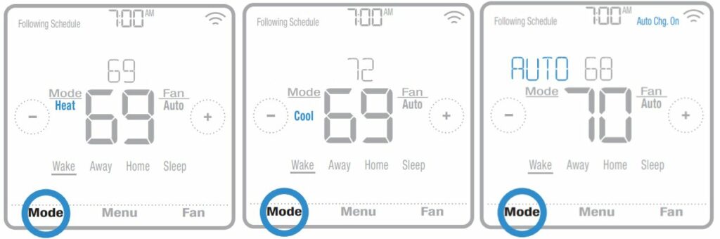 How to change the mode on the Honeywell T4, T5 and T6 models