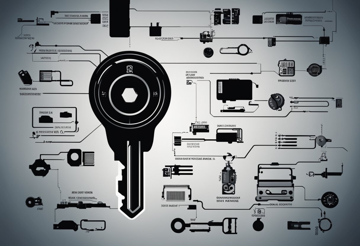 A car key inserted into an ignition, but unable to turn. The ignition system is highlighted, with potential troubleshooting tools nearby
