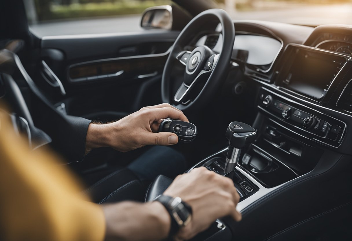 A hand reaches into a car's ignition, struggling to turn the key. Tools and a manual are nearby, ready for use